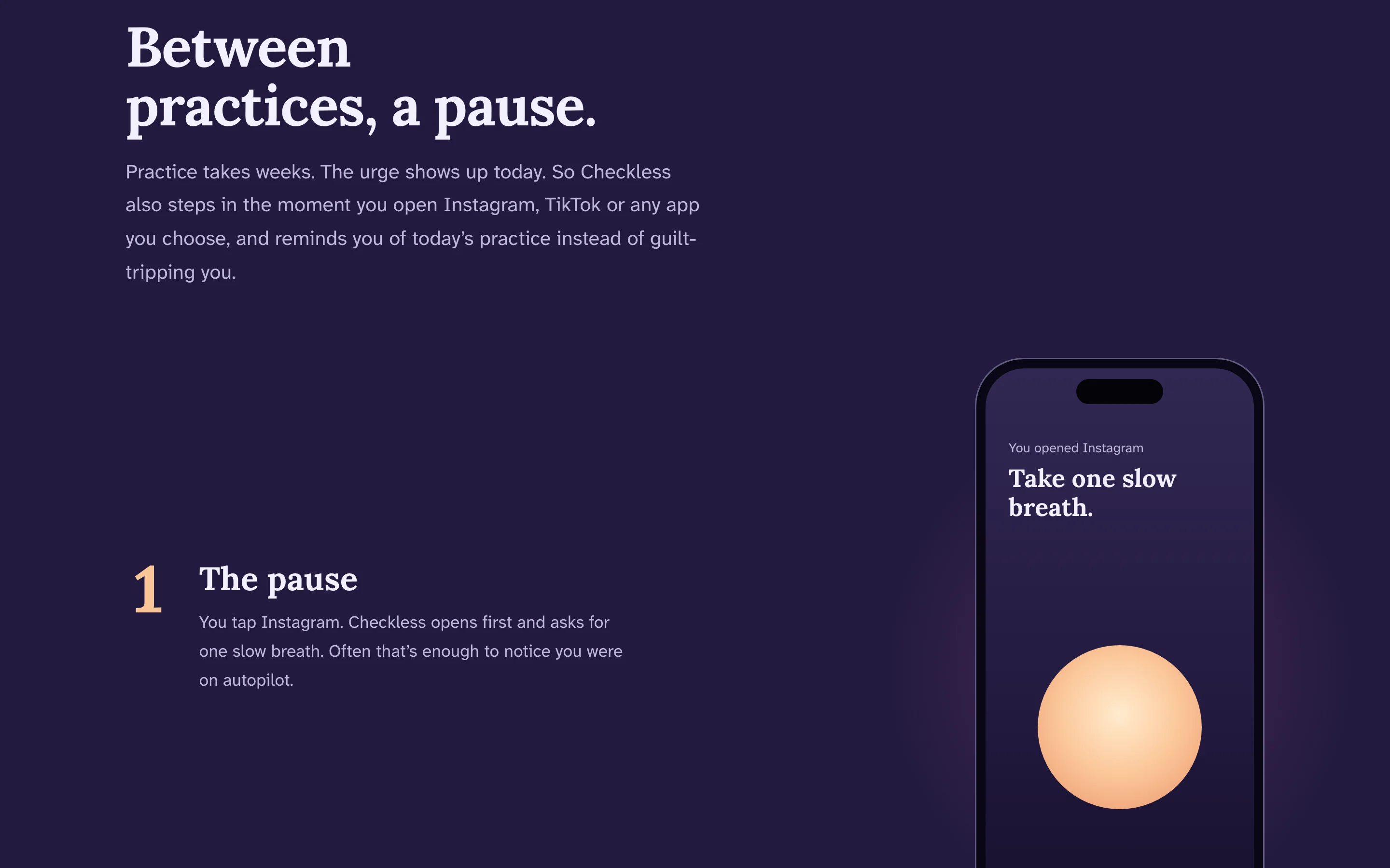 Abschnitt „Between practices, a pause“: Ein iPhone zeigt nach dem Öffnen von Instagram „Take one slow breath“ mit einem Atemkreis.