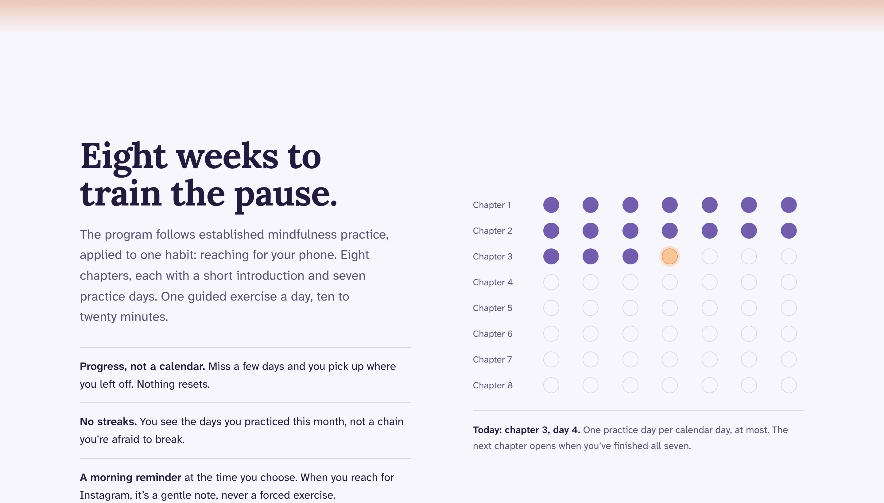 Abschnitt „Eight weeks to train the pause“ mit dem Fortschritt über acht Kapitel zu je sieben Übungstagen.