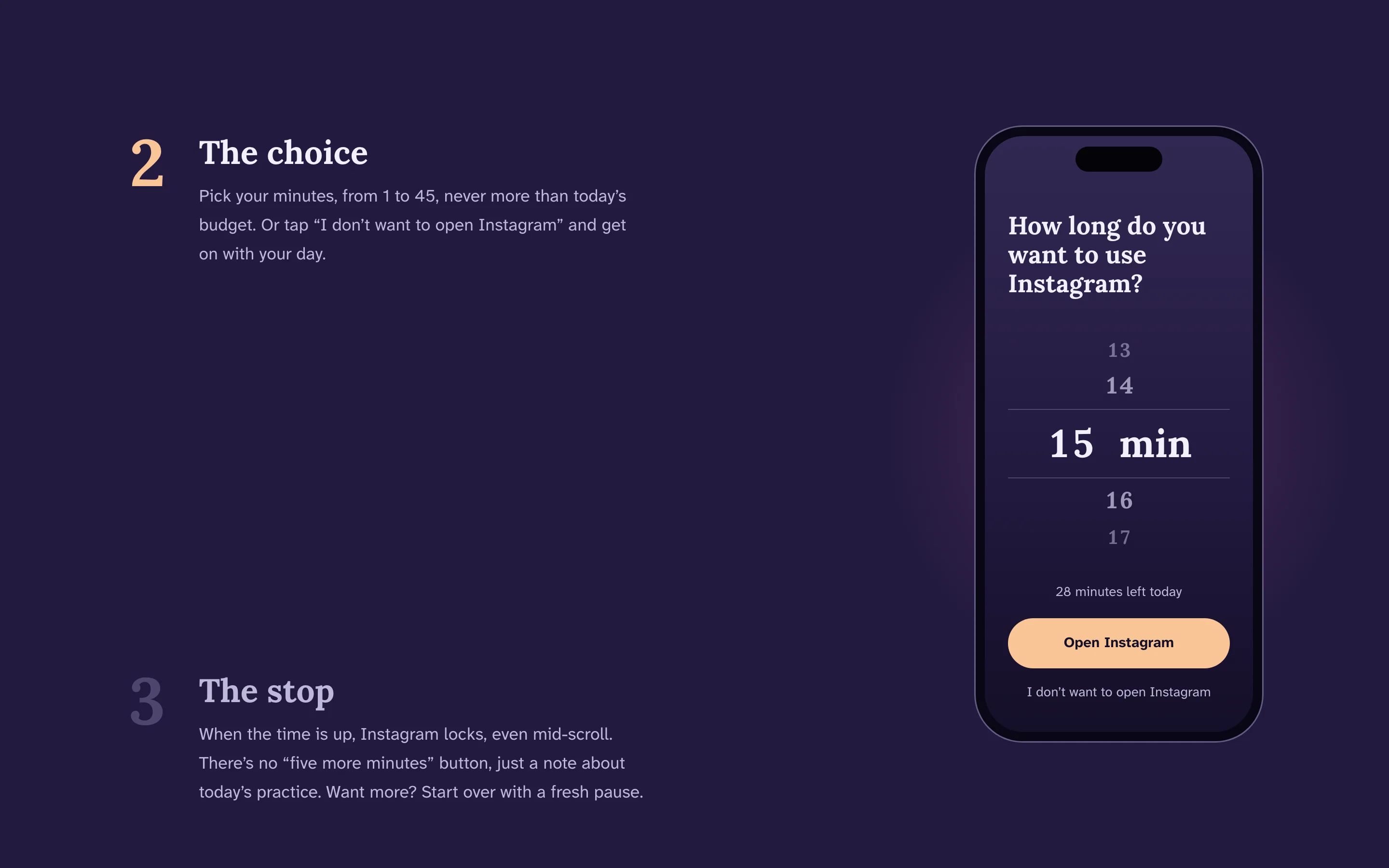 Abschnitt „The choice“: Ein iPhone fragt „How long do you want to use Instagram?“ mit einem Auswahlrad bei 15 Minuten.