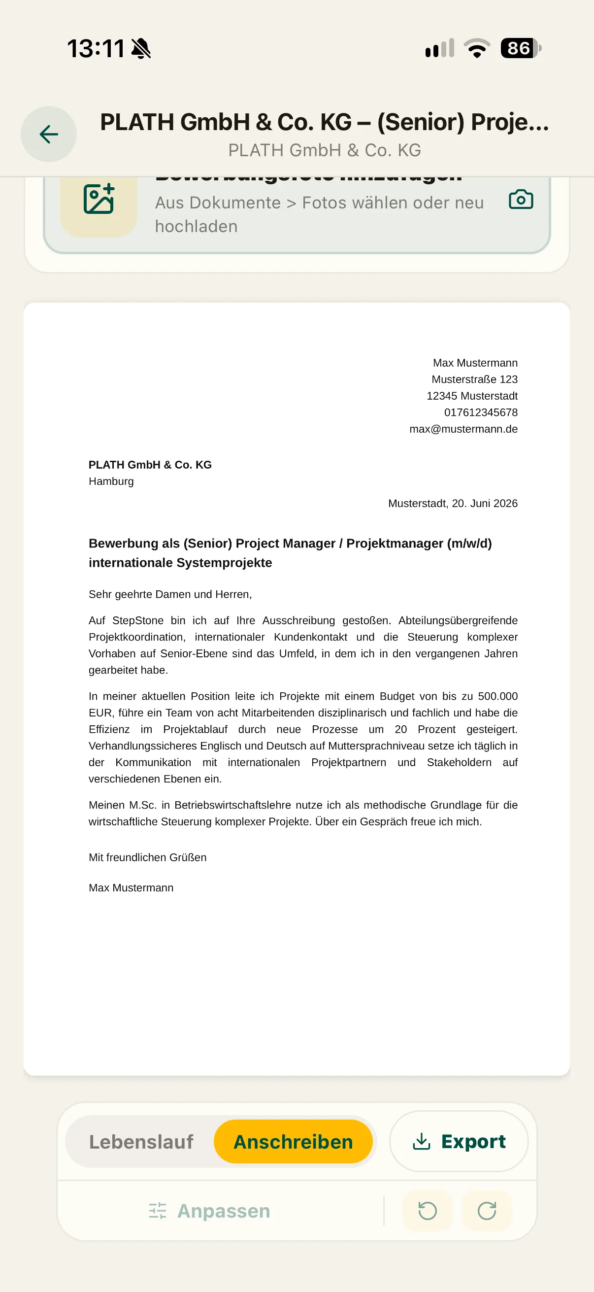 iOS-App: fertiges Anschreiben als Dokumentvorschau mit Umschalter Lebenslauf, Anschreiben und Export.