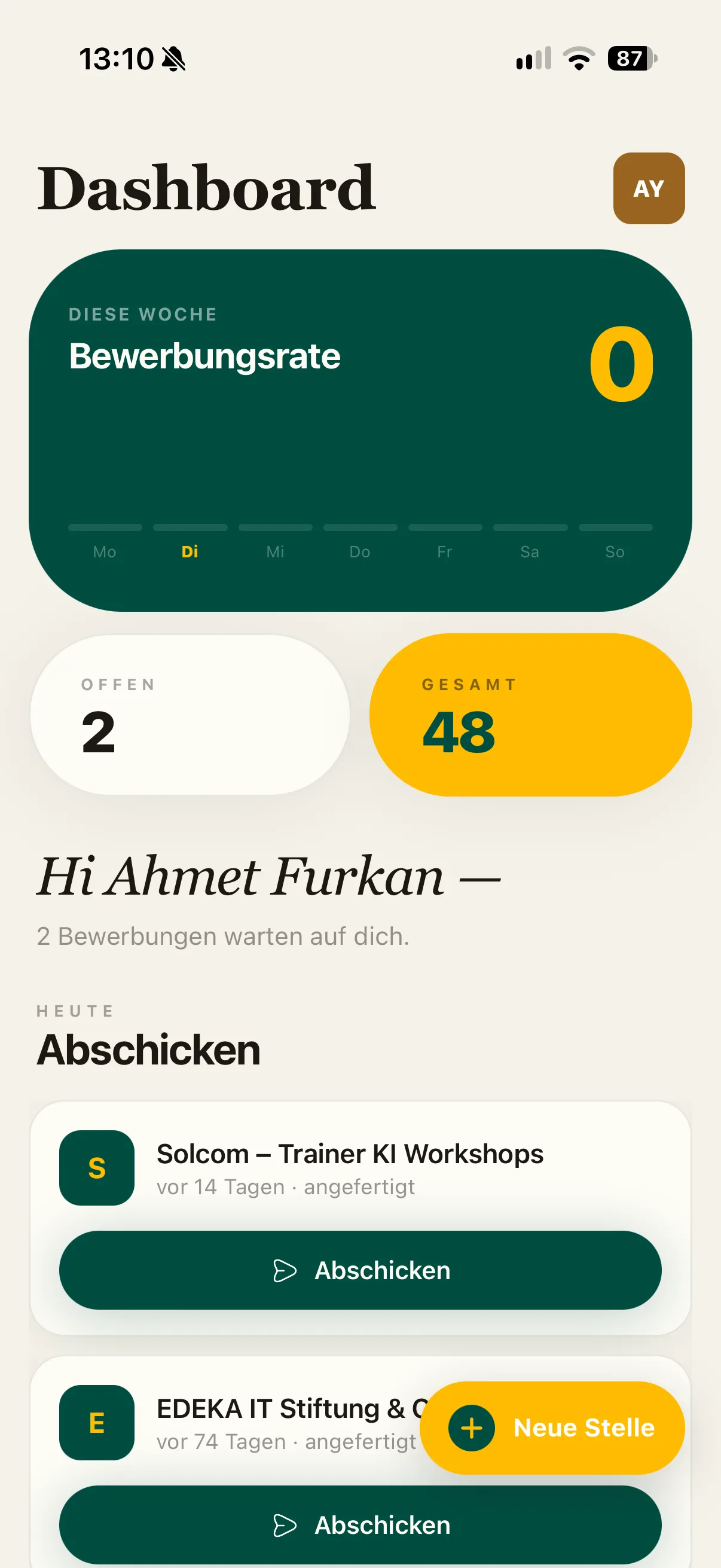 iOS-App: Dashboard mit Bewerbungsrate der Woche, offenen und gesamten Bewerbungen und den heute fertigen Bewerbungen zum Abschicken.