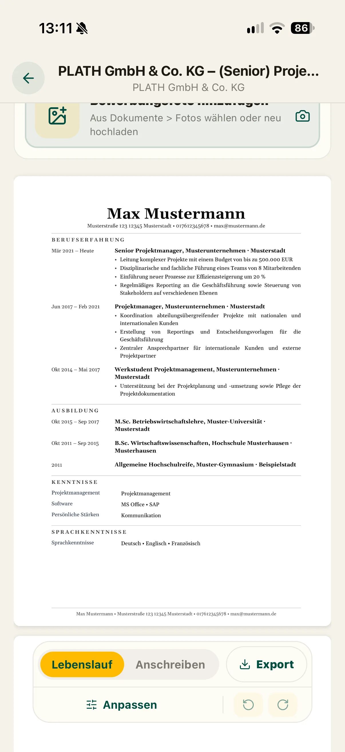 iOS-App: fertiger Lebenslauf als Dokumentvorschau mit Umschalter Lebenslauf, Anschreiben und Export.