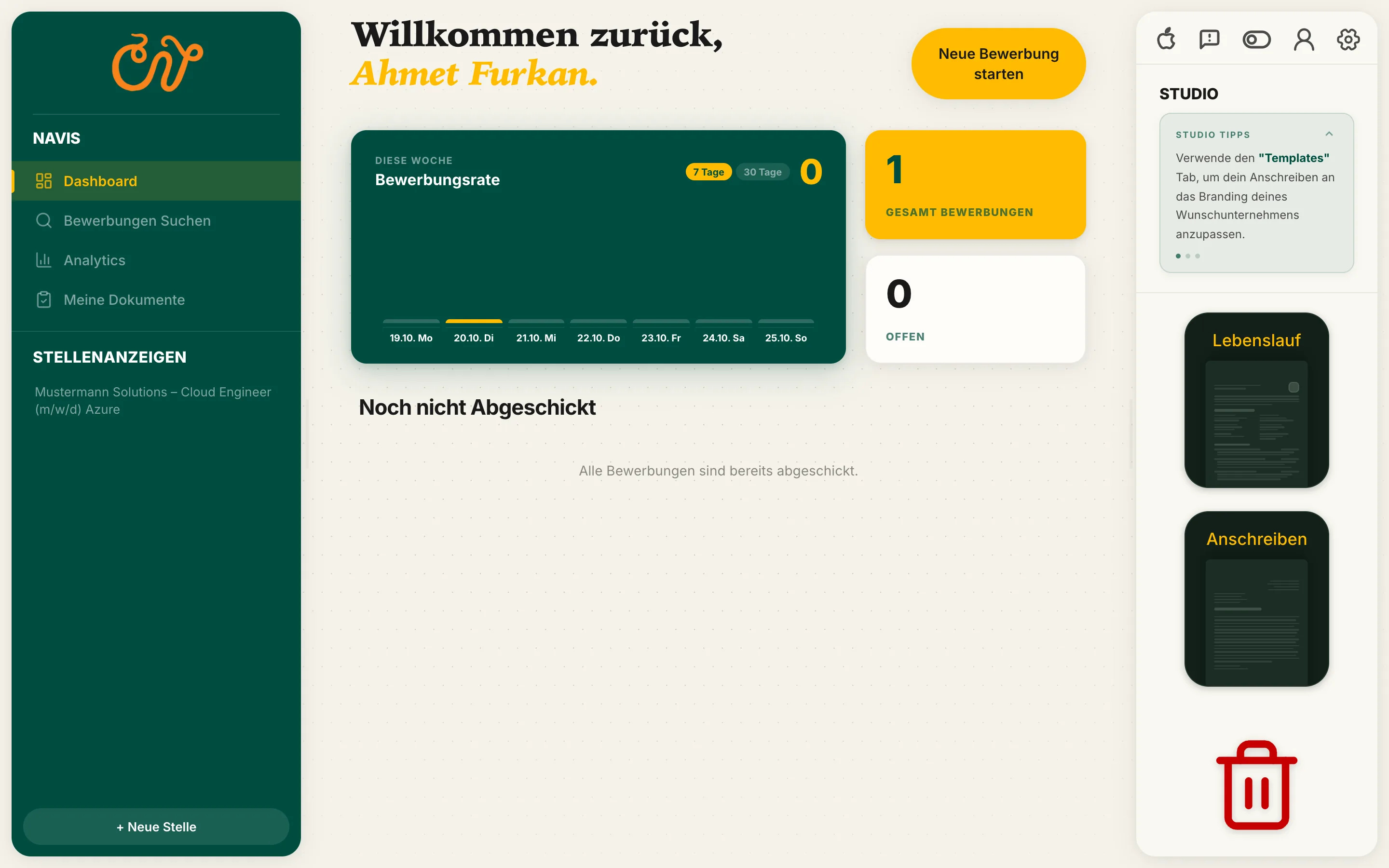 Dashboard der CVFlow-Web-App mit Bewerbungsrate der Woche, Zahl der Bewerbungen, offenen Bewerbungen und den Dokumenten Lebenslauf und Anschreiben.