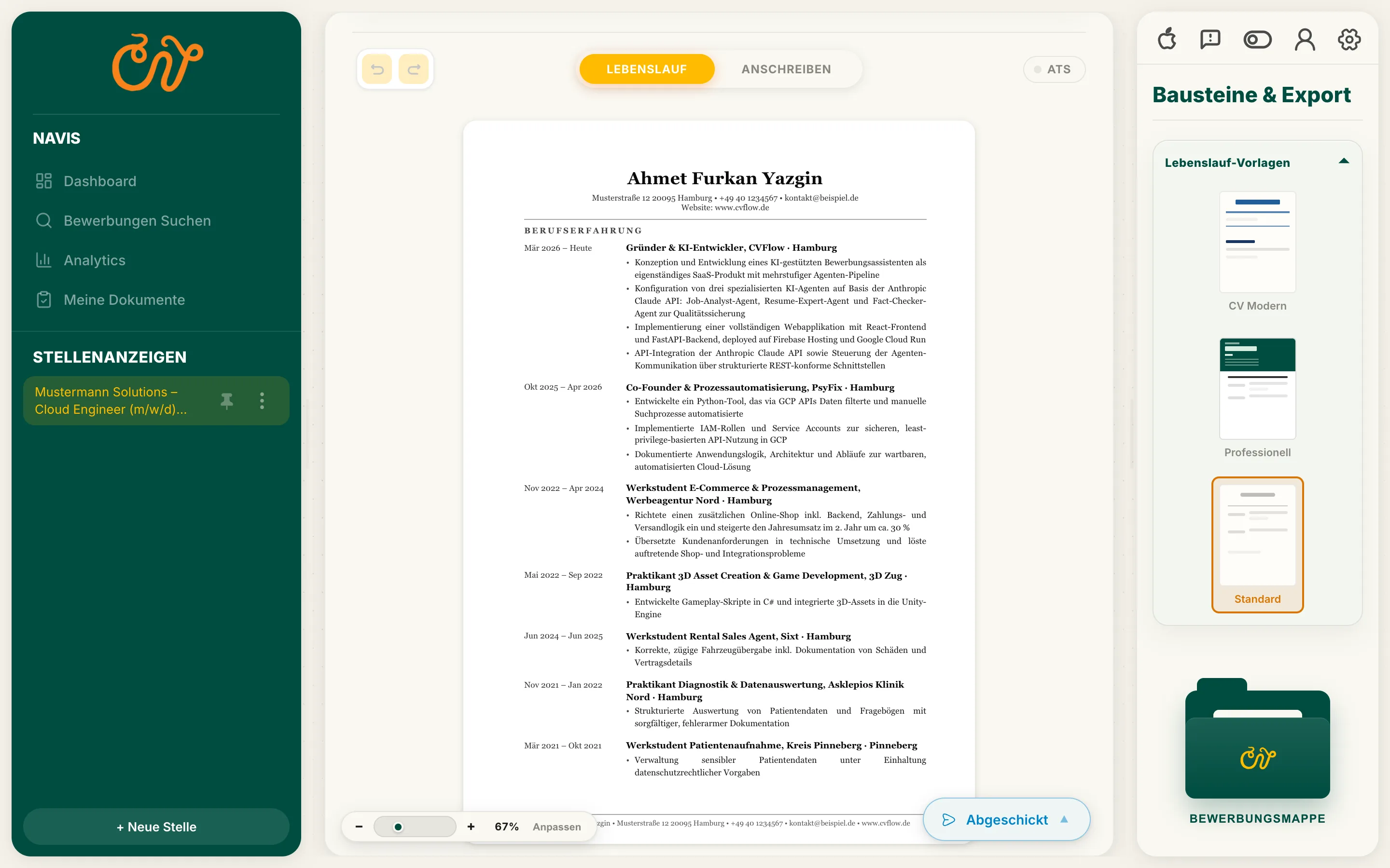 Editor der CVFlow-Web-App: in der Mitte der Lebenslauf als Dokument, rechts Vorlagen und Export.