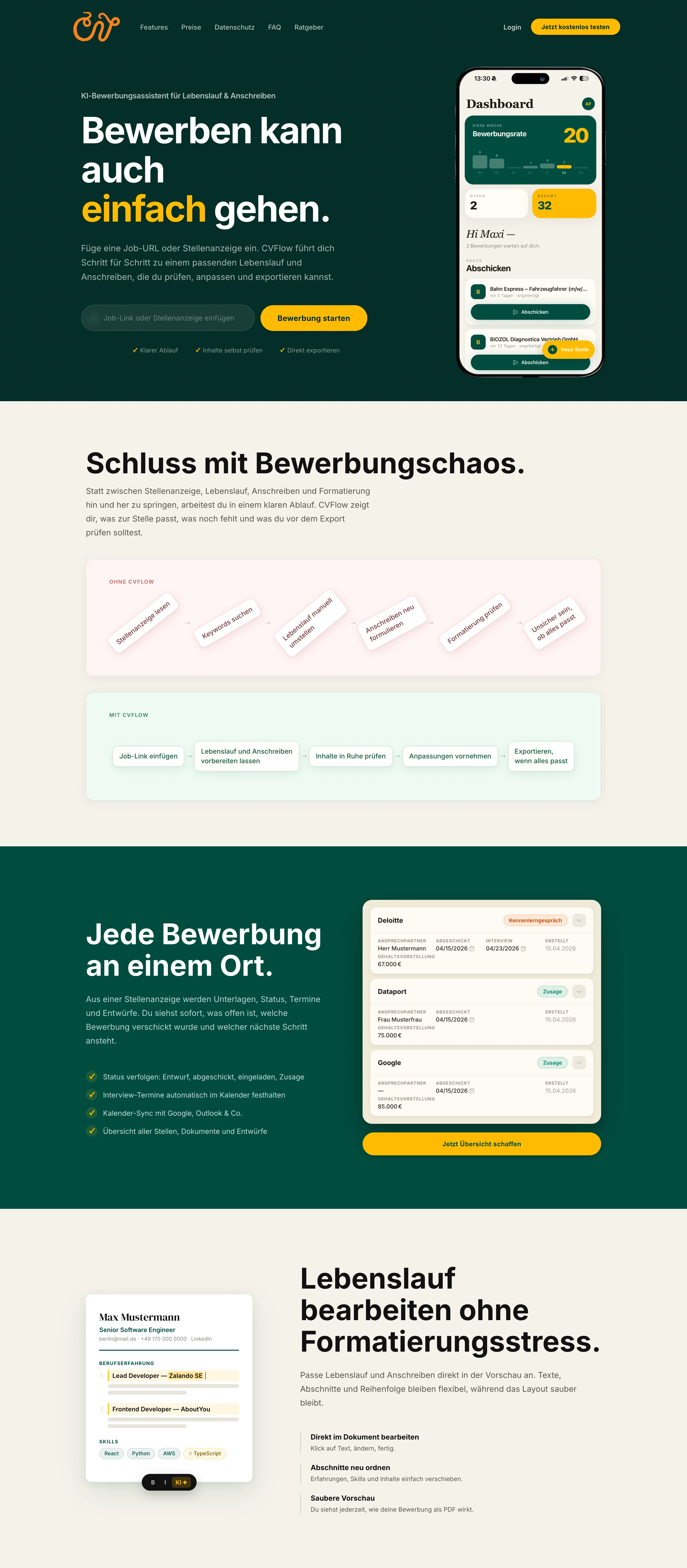 Die Startseite von cvflow.de als ganze Seite: Einstieg mit Eingabefeld für den Job-Link, Gegenüberstellung des Ablaufs ohne und mit CVFlow, Bewerbungsübersicht und Lebenslauf-Editor.