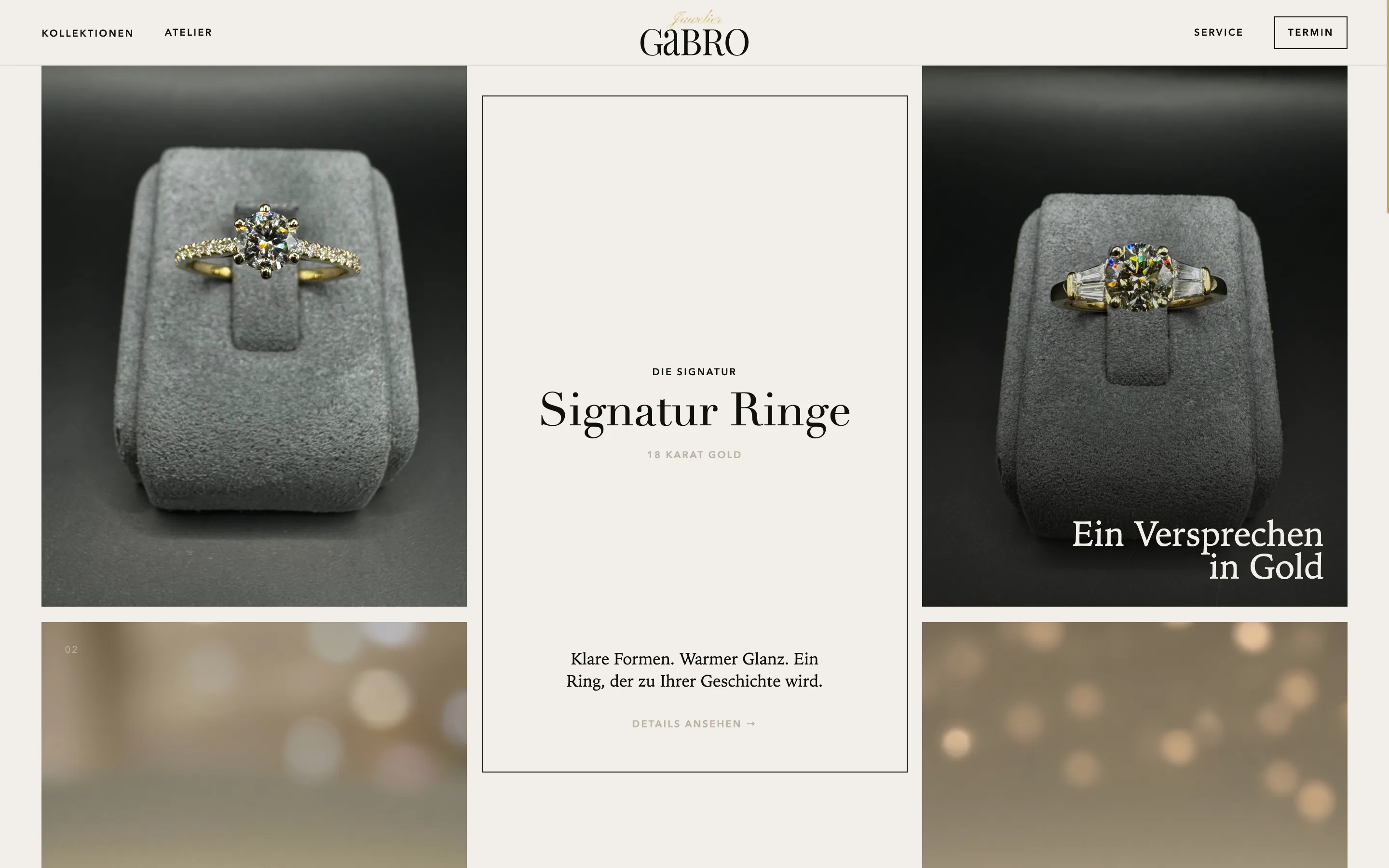 Galerie der Signatur-Kollektion: Ringe auf grauem Samt, in der Mitte „Signatur Ringe, 18 Karat Gold“.
