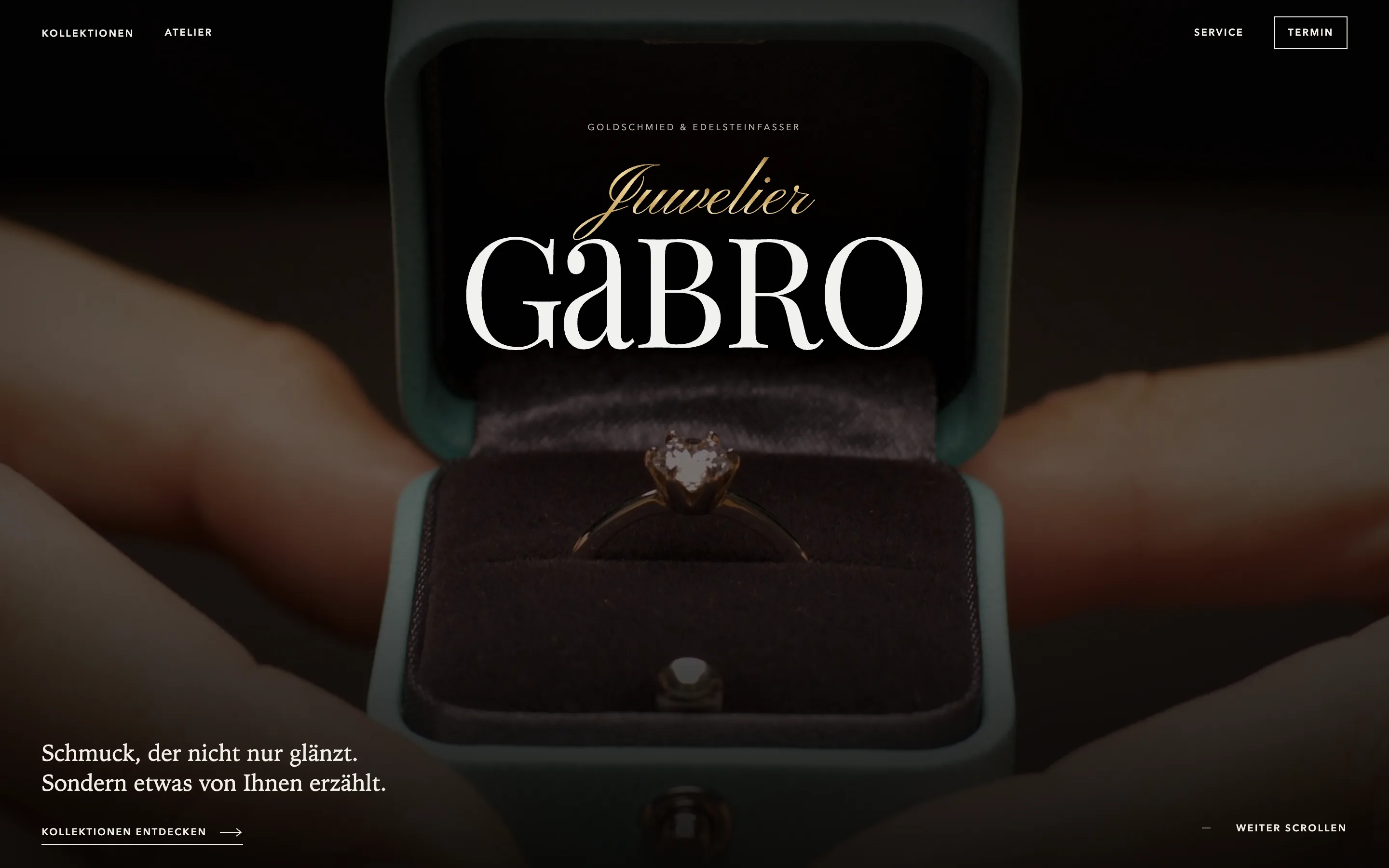 Startseite von Juwelier Gabro: Schriftzug über einem Video mit einem Ring im Etui, darunter „Schmuck, der nicht nur glänzt. Sondern etwas von Ihnen erzählt.“