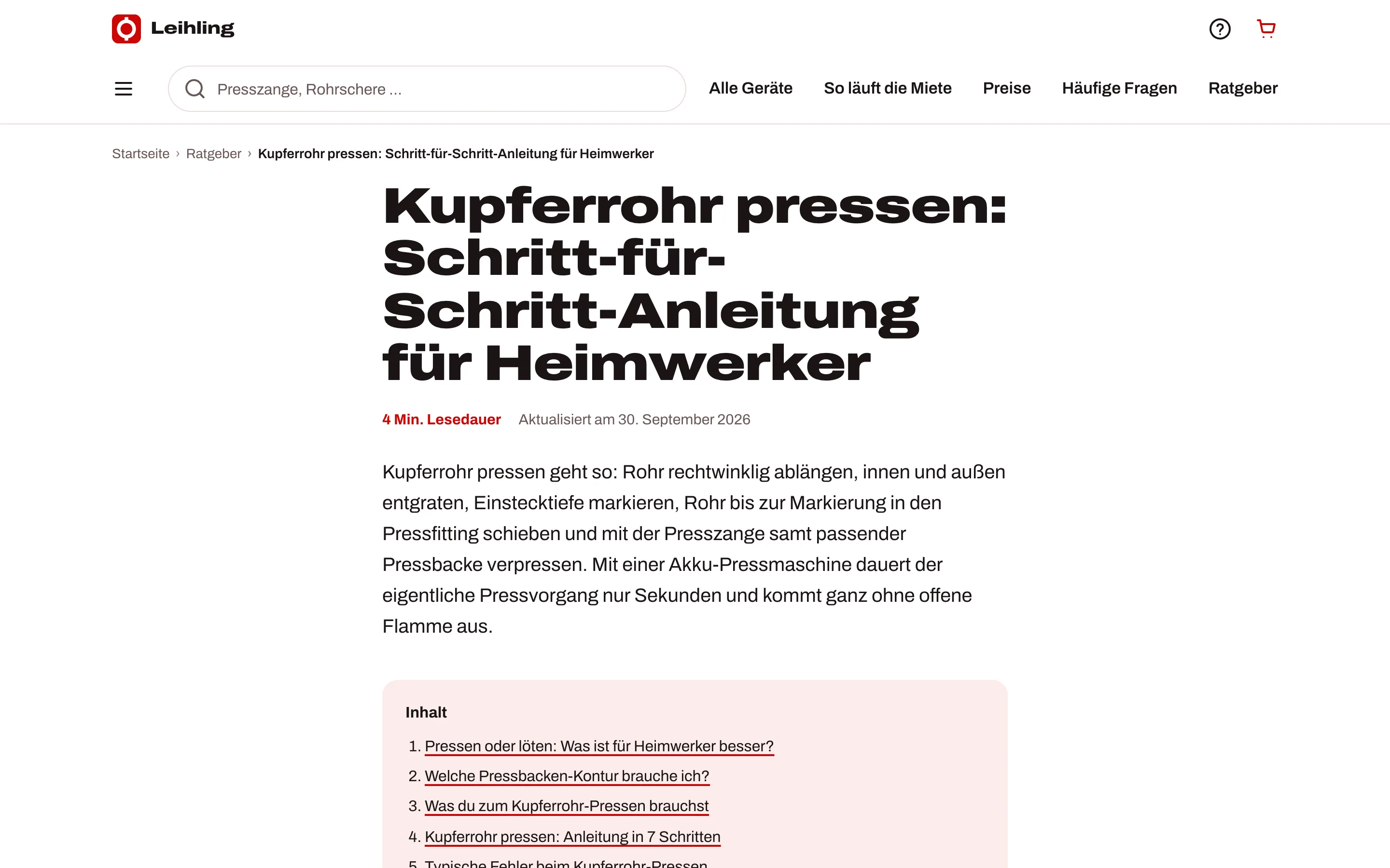 Ratgeber-Artikel „Kupferrohr pressen: Schritt-für-Schritt-Anleitung für Heimwerker“ mit Lesedauer und Inhaltsverzeichnis.