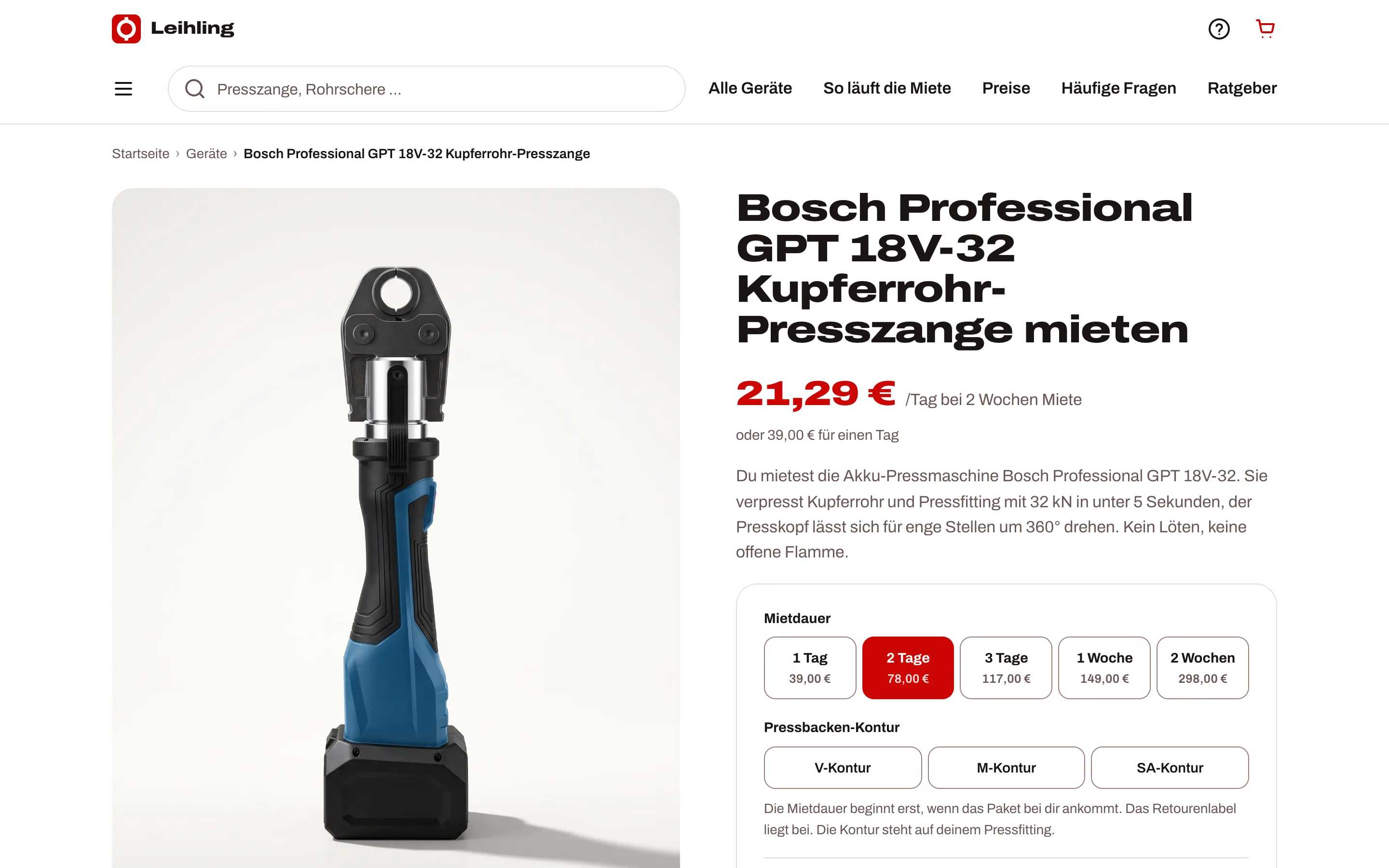 Produktseite der Bosch Professional GPT 18V-32 Presszange mit Tagespreis, Mietdauer und Pressbacken-Kontur.