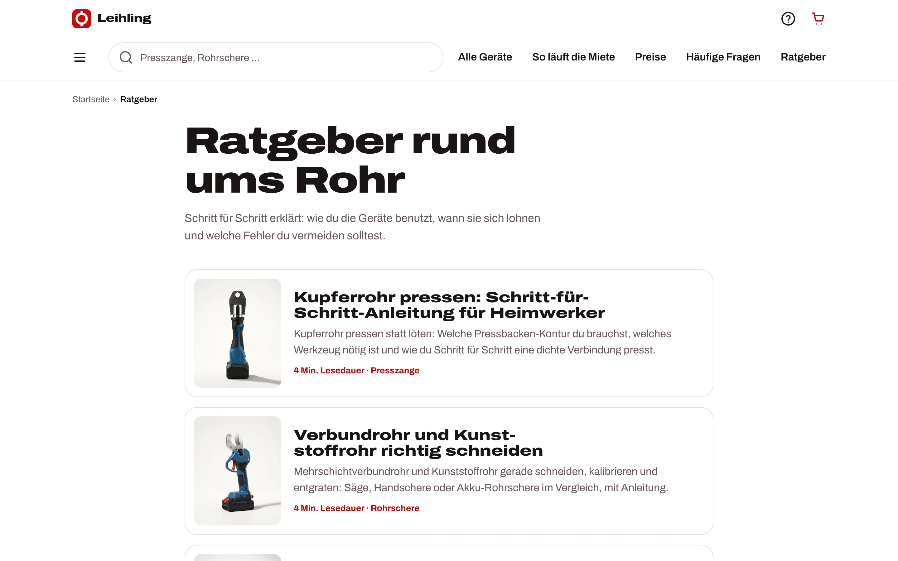 Ratgeber-Übersicht „Ratgeber rund ums Rohr“ mit Anleitungen, etwa zum Pressen von Kupferrohr und zum Schneiden von Verbund- und Kunststoffrohr.