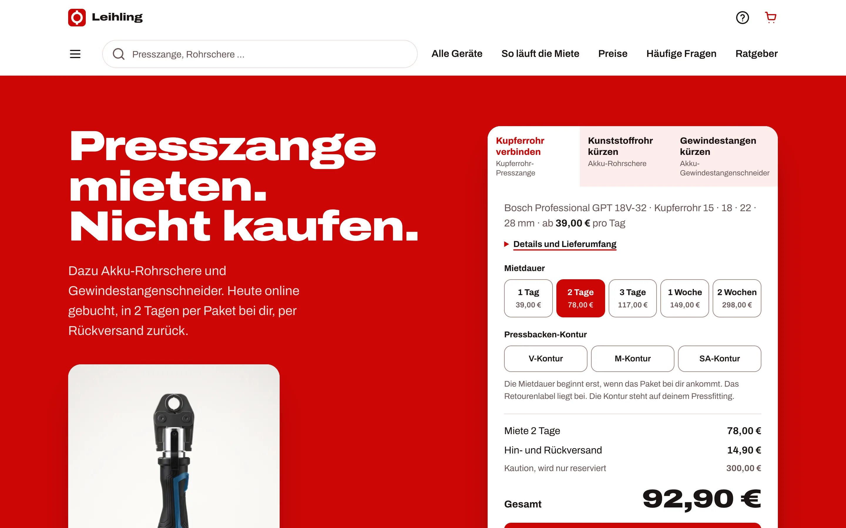 Startseite von Leihling: links „Presszange mieten. Nicht kaufen.“, rechts der Buchungskasten mit Aufgabe, Gerät, Mietdauer, Pressbacken-Kontur und Kostenaufstellung.