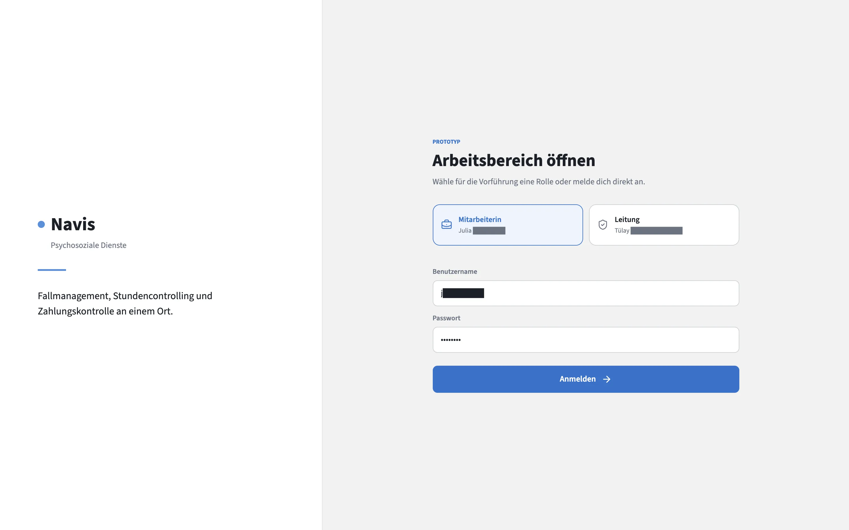 Anmeldung des Prototyps: Arbeitsbereich öffnen, Auswahl der Rolle Mitarbeiterin oder Leitung, darunter Benutzername und Passwort.
